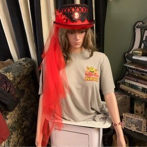 Red Felt Top Hat with Black Lace & Train